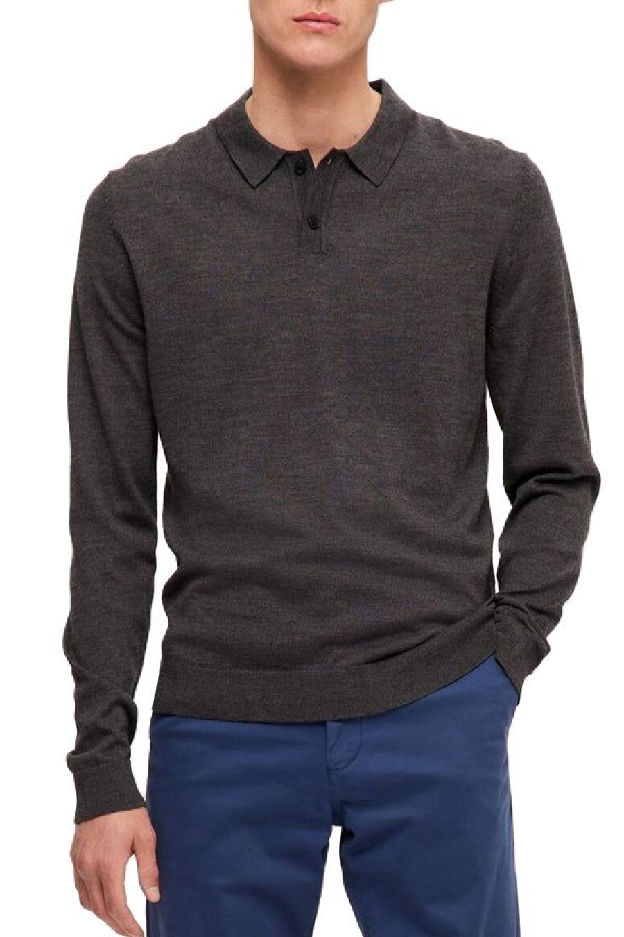 Abbigliamento SELECTED | Slhtown Merino Coolmax Knit Polo Medium Grey Melange