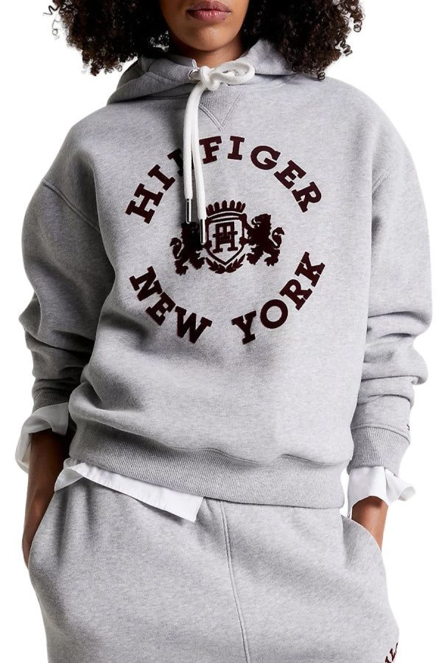 Abbigliamento TOMMY HILFIGER | Felpa College Con Cappuccio E Logo Floccato Light Grey Htr