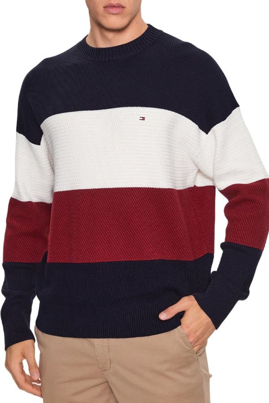 Abbigliamento TOMMY HILFIGER | Textured Colorblock Crew Neck Red White Blue Global Stripe