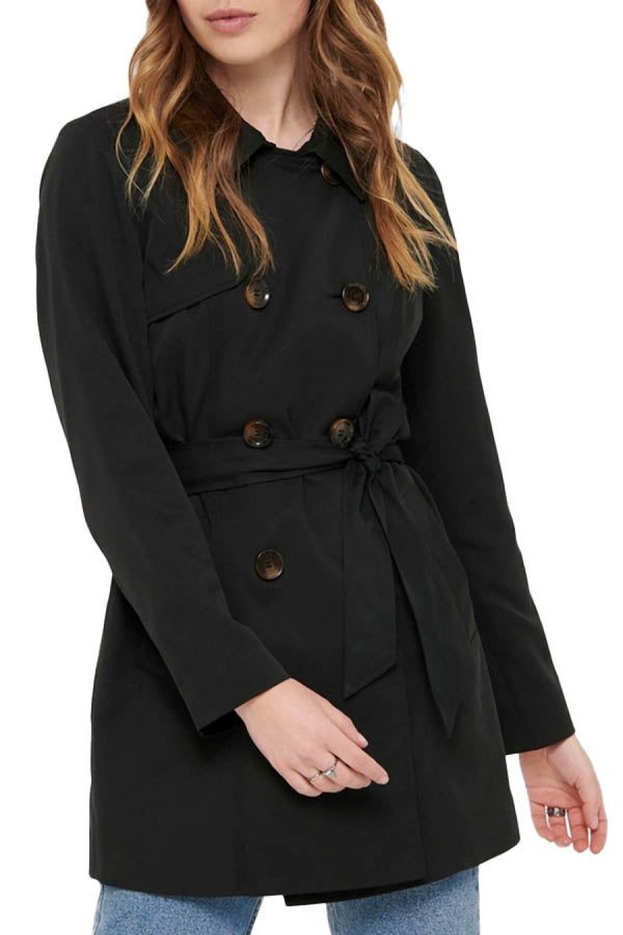 Abbigliamento ONLY | Short Solid Color Trenchcoat Black