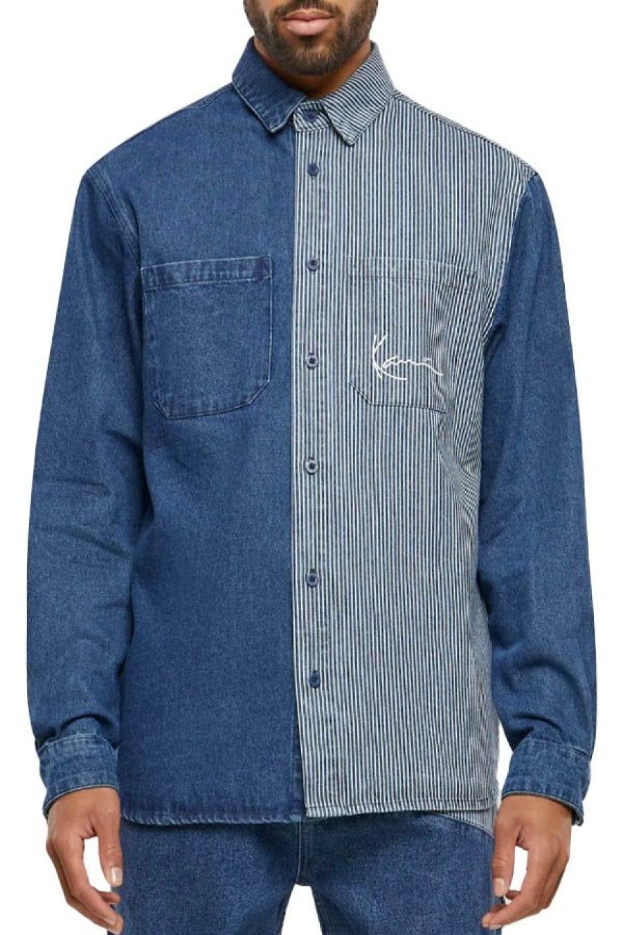 Abbigliamento KARL KANI | Chest Signature Stripe Block Denim Shirt Blue/White